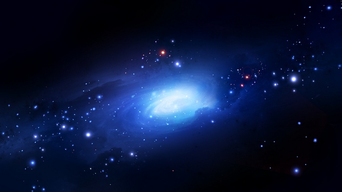 Digital art of a blue spiral galaxy in space