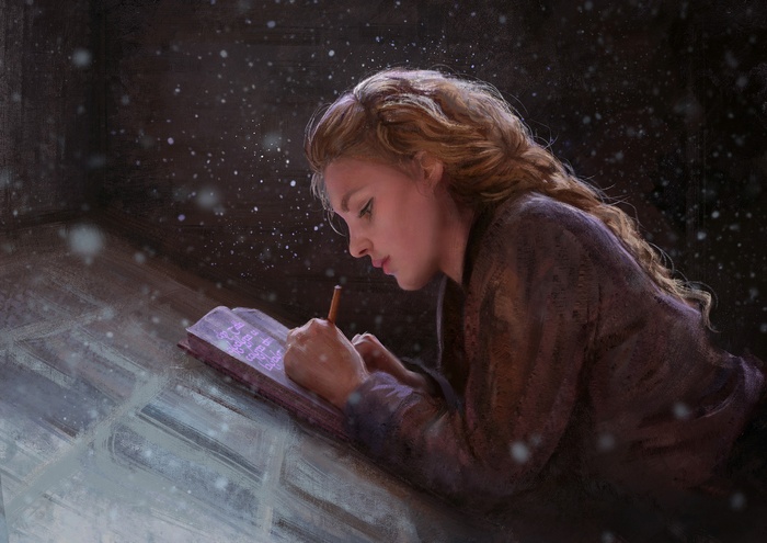 Girl writing in a book with snow falling