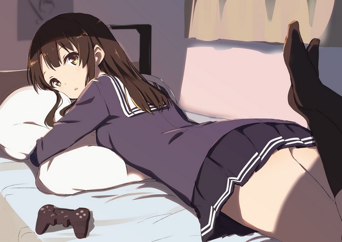 Megumi Katou from Saenai Heroine no Sodatekata lying on bed with controller