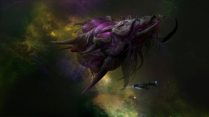 Zerg Leviathan and a Terran Battlecruiser in space