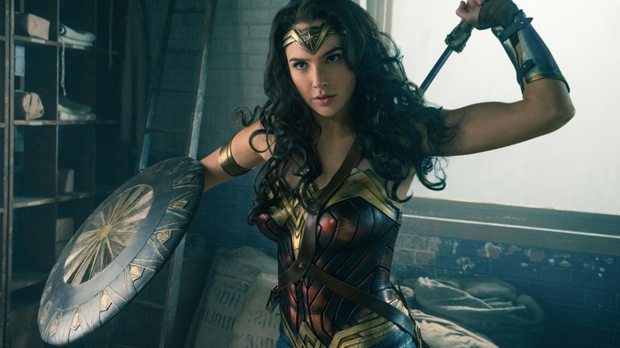 Wonder Woman holding shield and sword