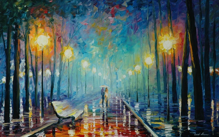 Couple walking under umbrella in park with street lights