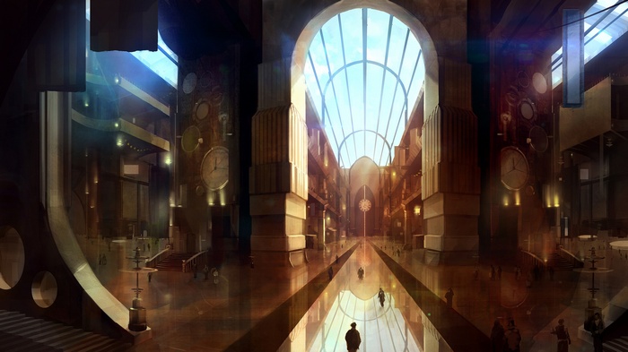 Steampunk interior with large clocks and arched windows