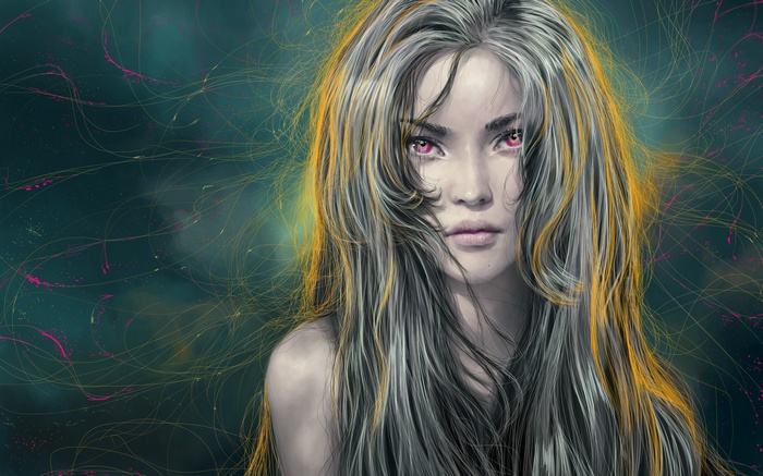 Digital art of a woman with pink eyes and flowing hair