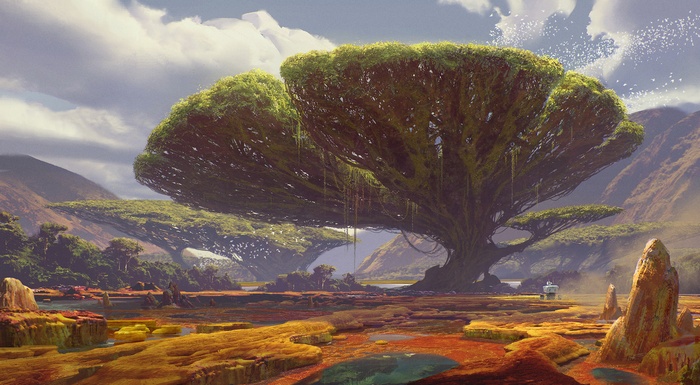 Alien landscape with giant trees and mountains