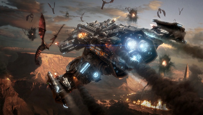 StarCraft II battle with dragons and spaceships