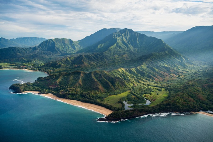 Aerial view of mountains and coastline in Hawaii