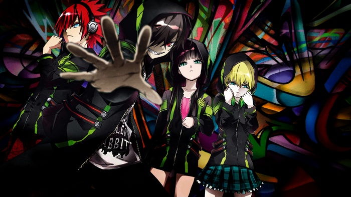Anime characters in front of graffiti