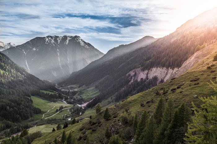 Sun rays over a valley with mountains and pine trees