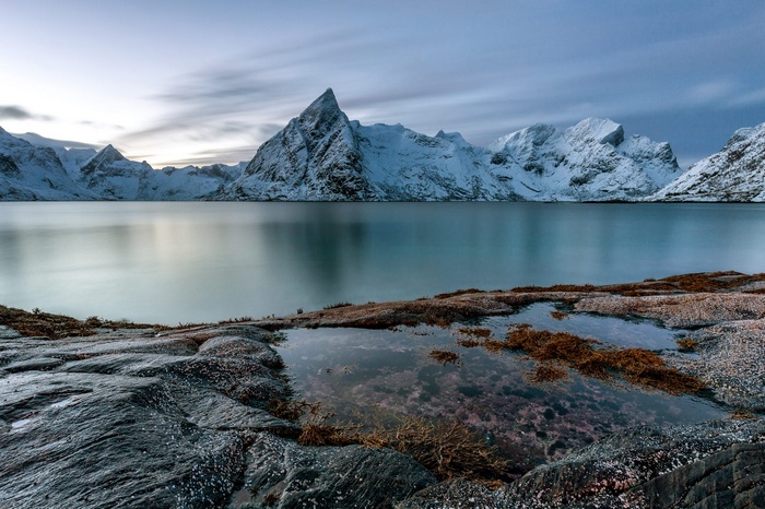 Snowy mountains and lake landscape in Norway