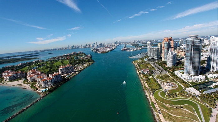 Aerial view of Miami cityscape and coastline
