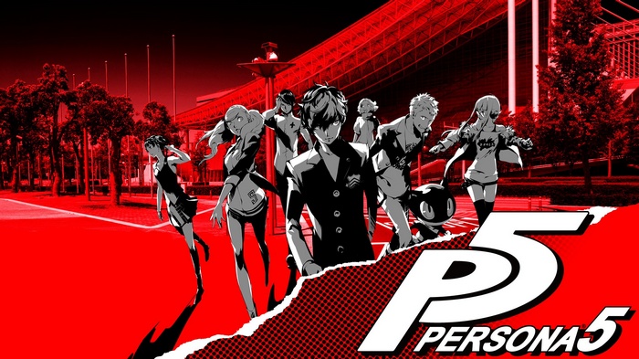 Persona 5 characters in front of a stadium