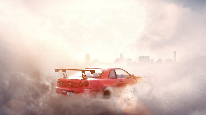Nissan Skyline GT-R R34 drifting in a cityscape
