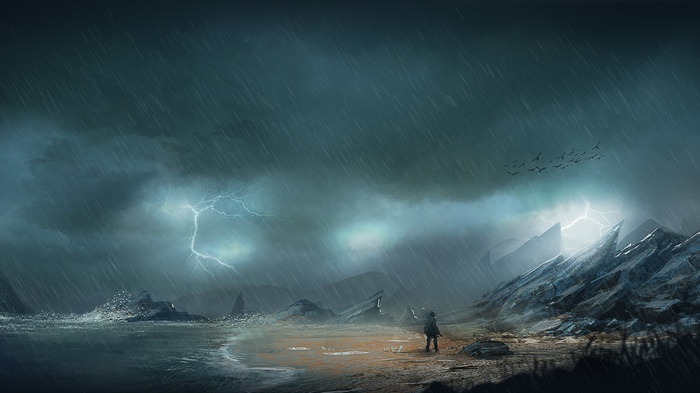 Man on shore during lightning storm with birds flying