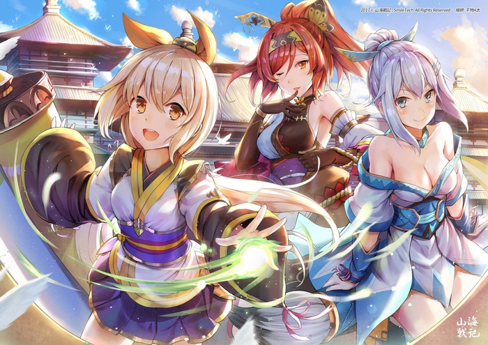 Three anime girls in Japanese clothes with a temple background