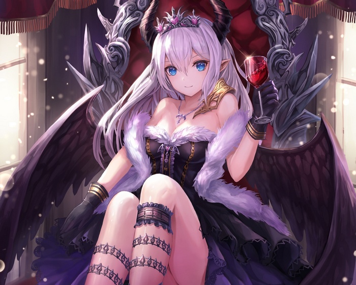Demon queen with wings holding a wine glass