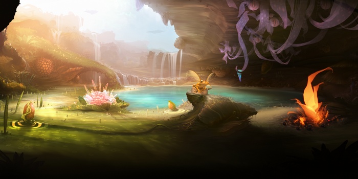 Fantasy cave landscape with waterfalls and glowing flora