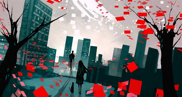 Nano Mortis cityscape with figures and cat