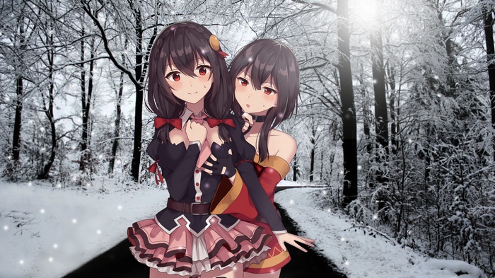 Yunyun and Megumin from Konosuba in a snowy forest