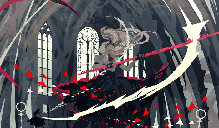 Nano Mortis with a scythe in a gothic cathedral