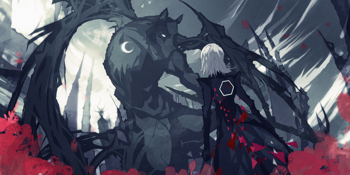 Fantasy art of a dark creature and a person