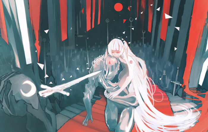 Fantasy art of a knight and a girl with swords