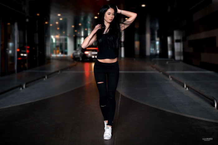 Anastasia Rumiantseva in black clothing and sneakers