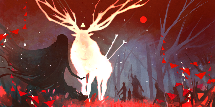 Artwork of a glowing deer and figures in a forest
