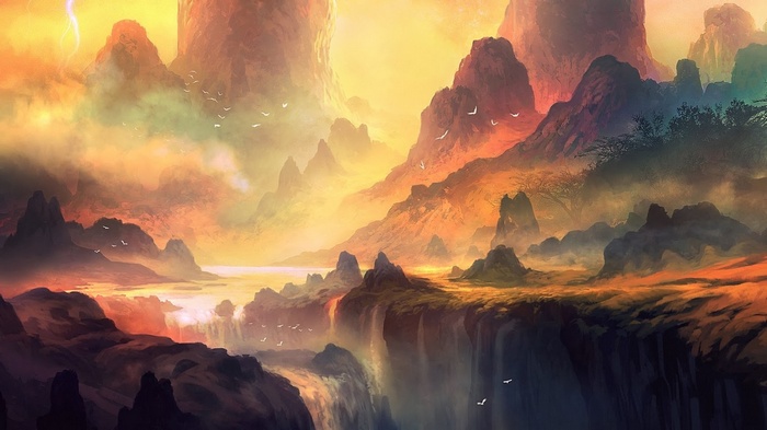 Fantasy landscape with mountains, waterfalls, and birds