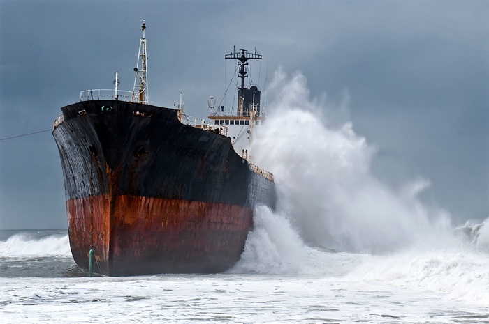 Ship caught in a storm on the Atlantic Ocean