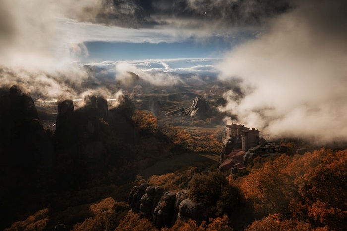 Meteora monasteries in Greece during fall with clouds