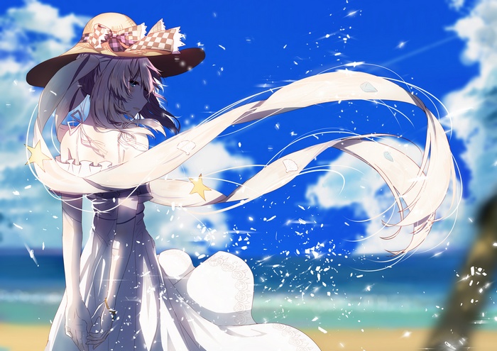 Anime girl in a white dress on a beach