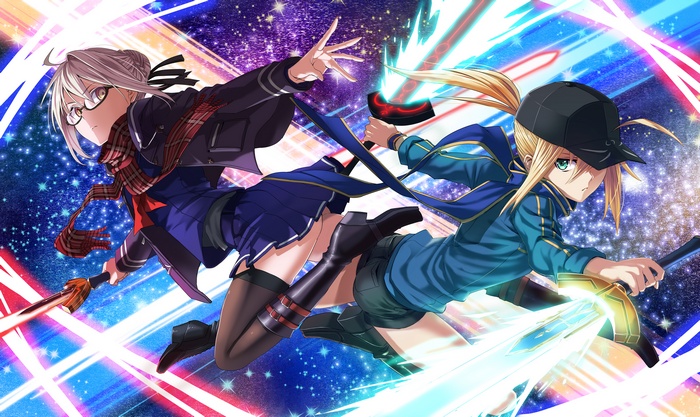 anime girls, ass, Mysterious Heroine X Alter (FateGrand Order), hat, Mysterious Heroine X (FateGrand Order), Saber, skirt, glasses, thigh-highs, anime, boots, short hair, Assassin (FateGrand Order), blonde, Fate Series, scarf