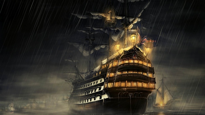 A tall ship sails through the rain at night