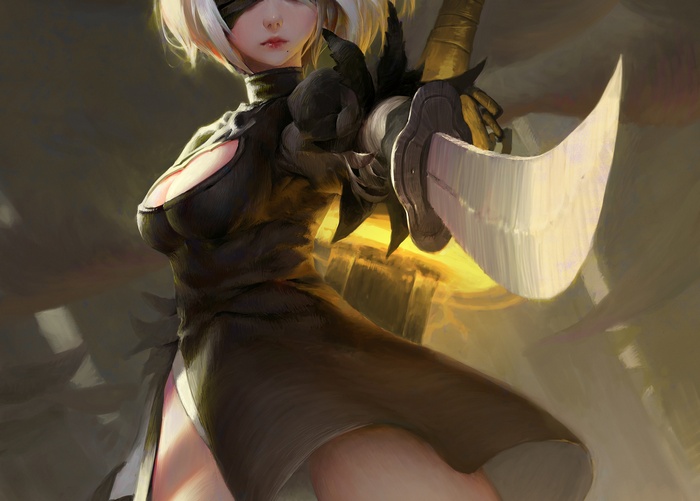 2B from Nier: Automata holding a sword