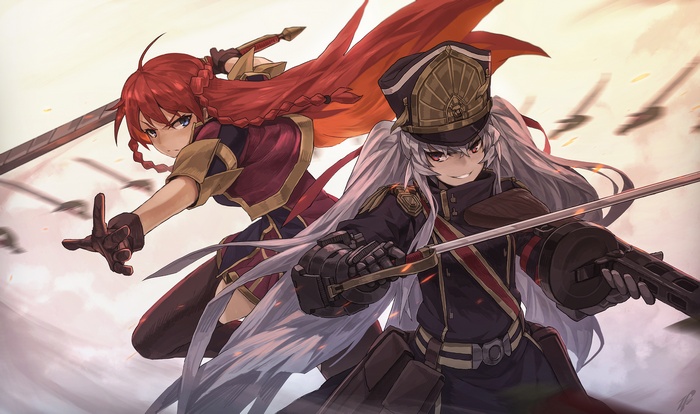 Altair and Selesia from Re:CREATORS with swords