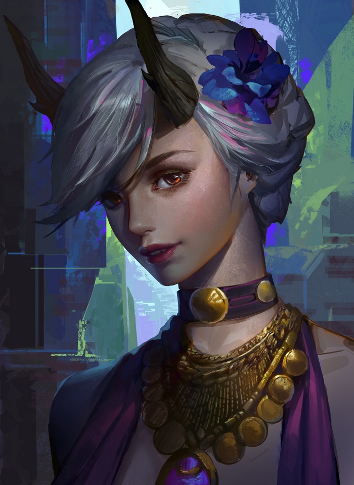 Fantasy art of a woman with horns and jewelry