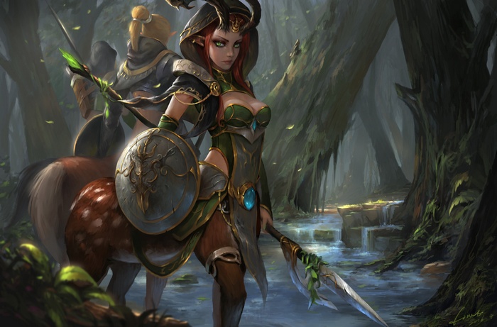 Centaur warrior with shield and spear in a forest