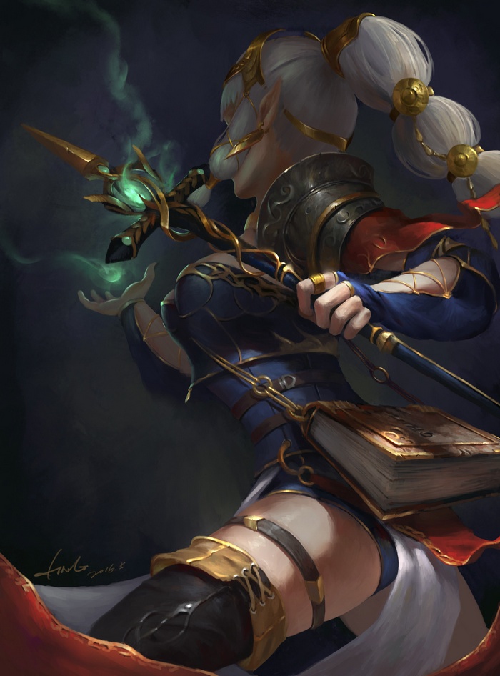 Fantasy elf mage casting magic with a staff and book