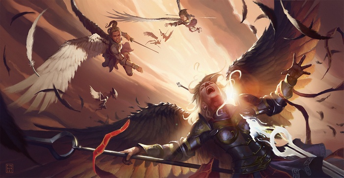 Angels in battle with swords and spears