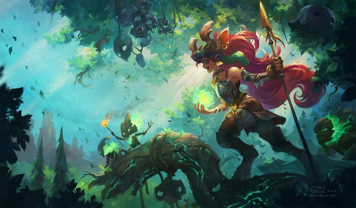 Nidalee from League of Legends in a forest