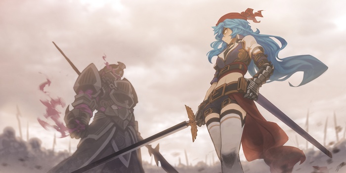 Fantasy warrior in armor and a woman with blue hair holding swords