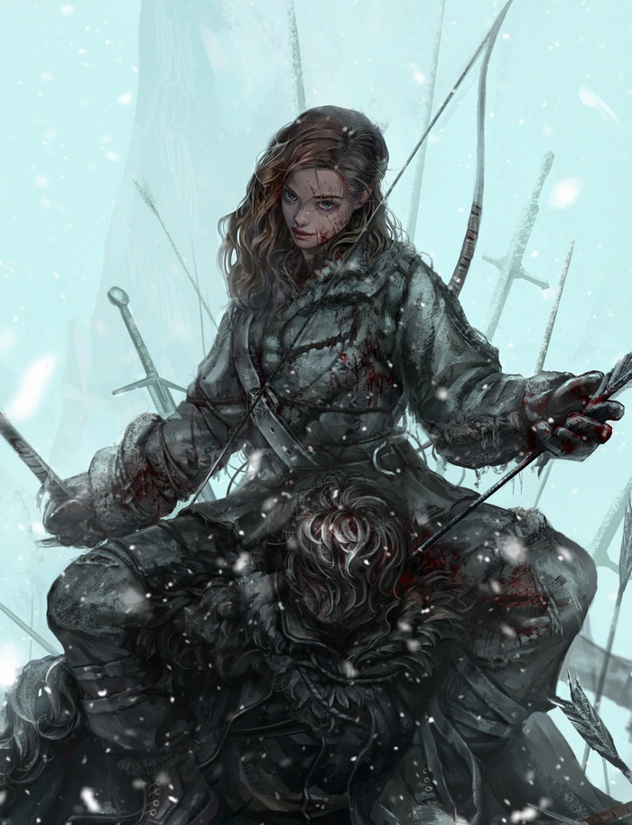 Bloody female warrior with bow and arrows in snow