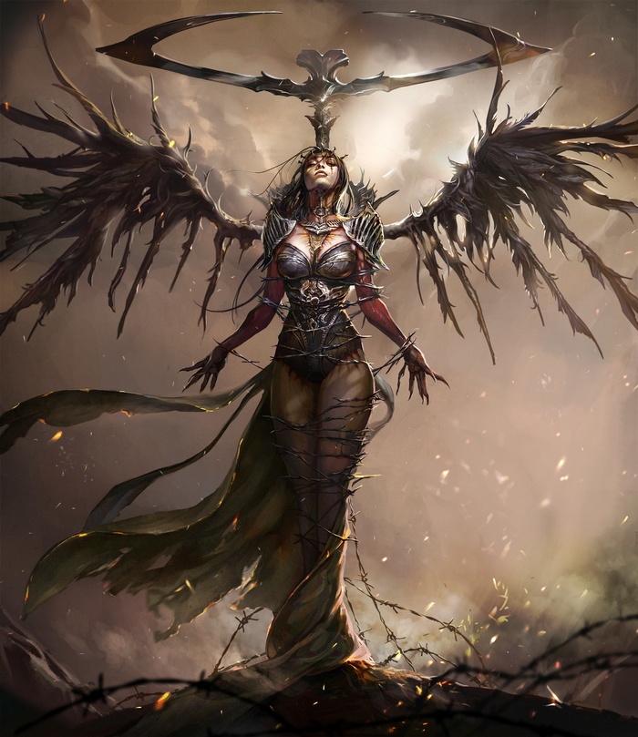 Dark angel warrior with barbed wire and wings