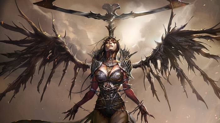 Dark angel with thorny wings and armor