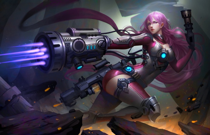 Woman with pink hair firing a futuristic weapon