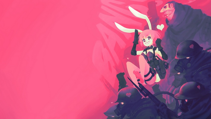 Girl with bunny ears and soldiers with gas masks