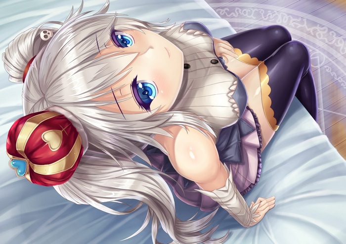 Anime girl with silver hair and aqua eyes lying down