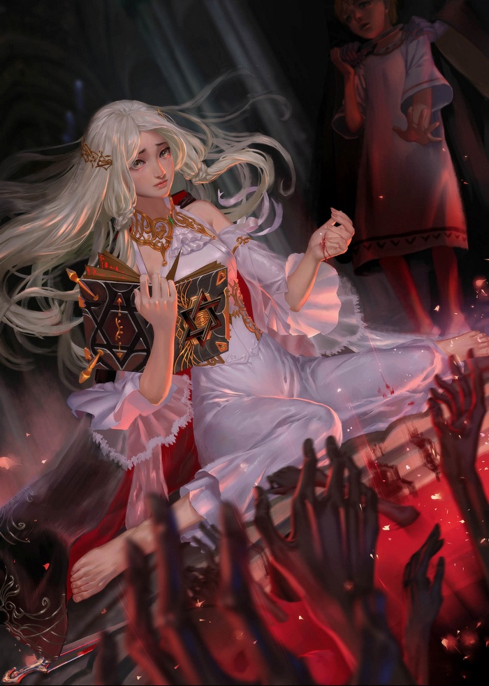 Woman in white dress holding a book with undead hands reaching