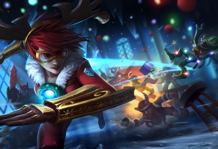 Tracer from Overwatch in a Christmas-themed outfit
